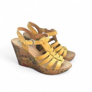 BOC Born Yellow Leather Floral Cork Wedge Sandals Size 7